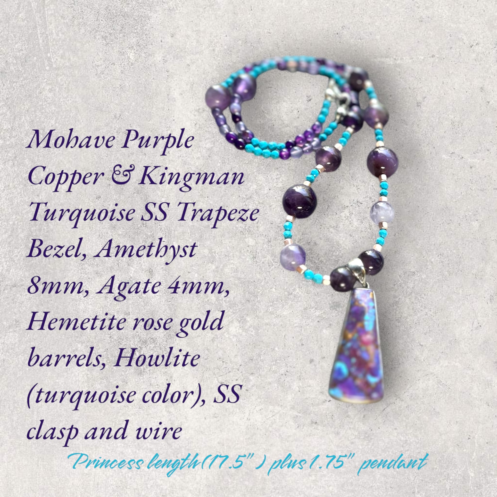 A necklace with a purple bead and a blue stone.