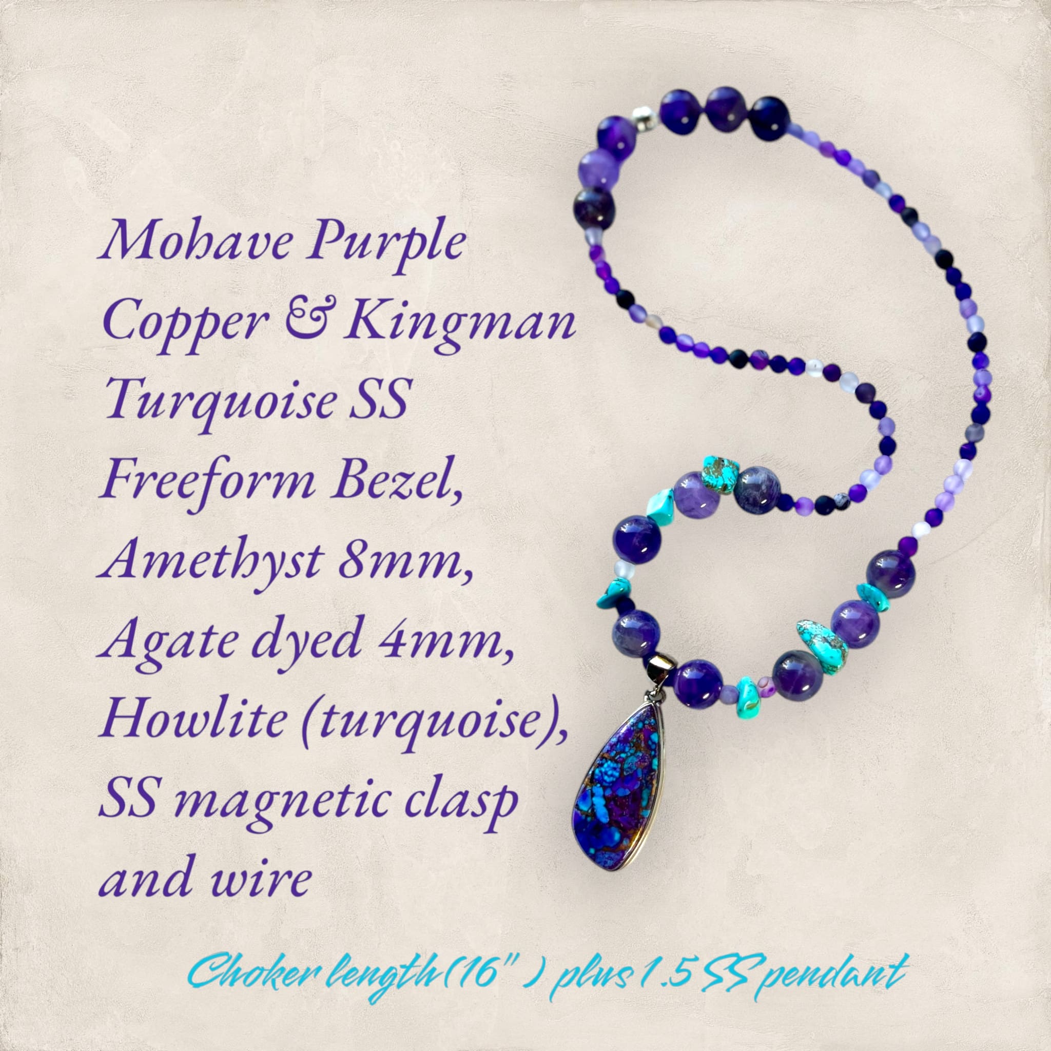 A necklace with a blue bead and purple stone.