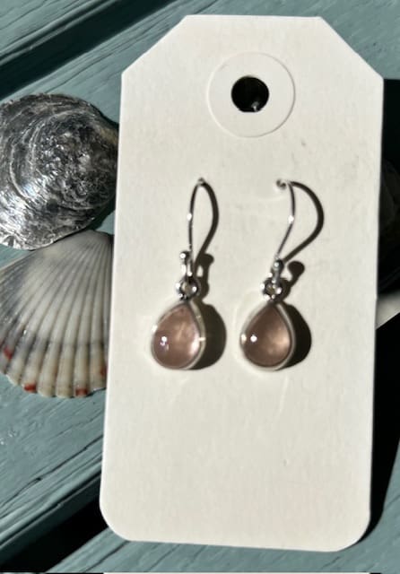 A pair of earrings hanging on a card.