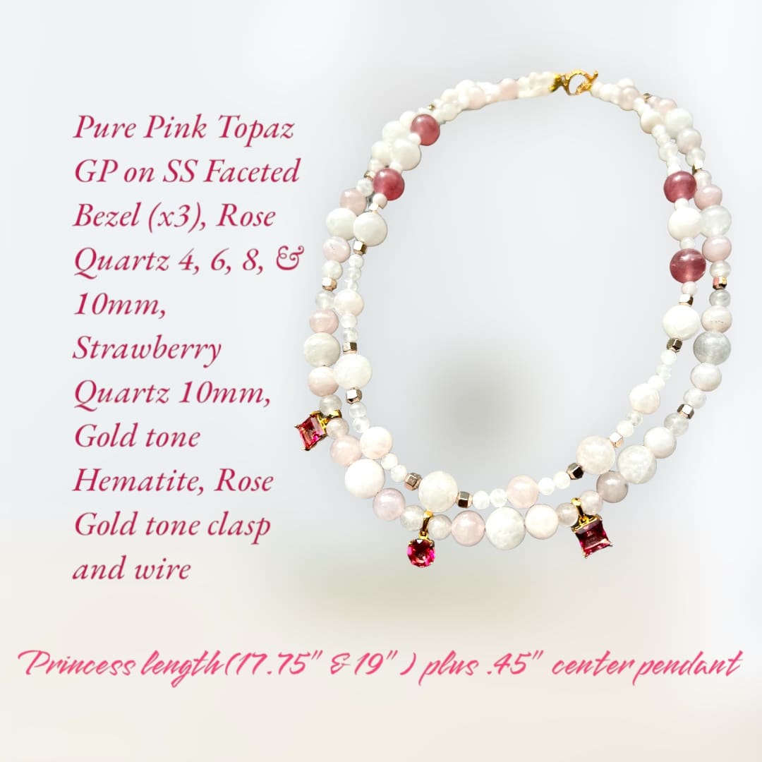 A necklace with pearls and pink topaz is shown.