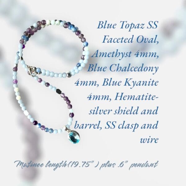 A necklace with blue topaz and amethyst beads.