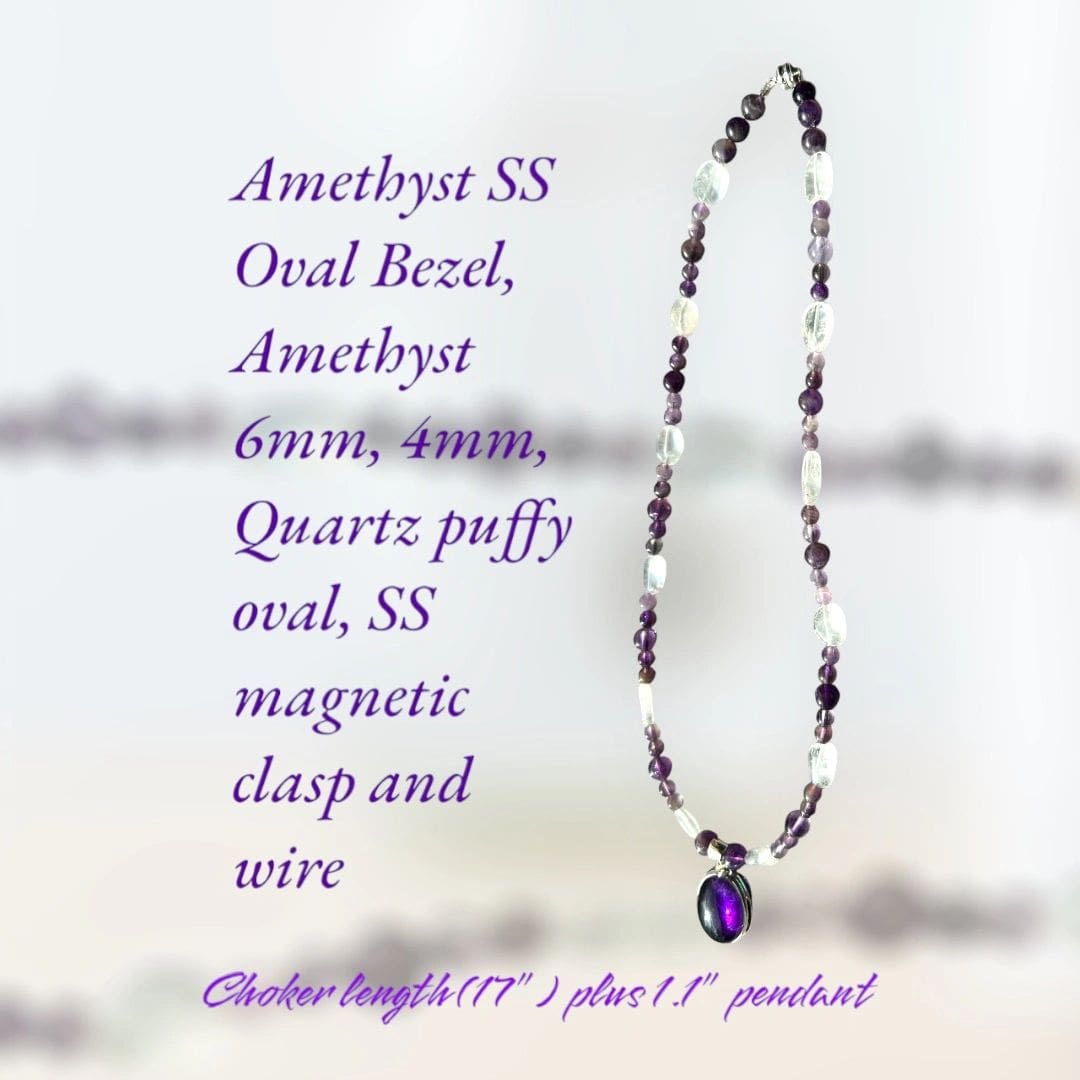 A purple necklace with an amethyst bead and magnetic clasp.