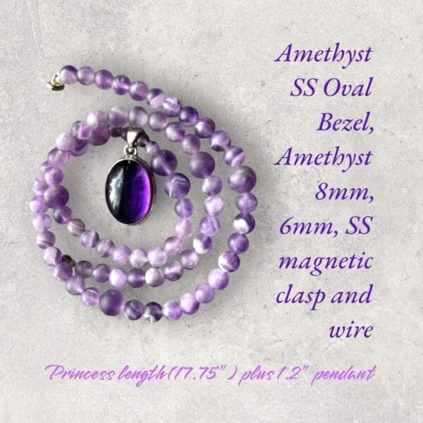 A purple necklace with an oval shaped stone.