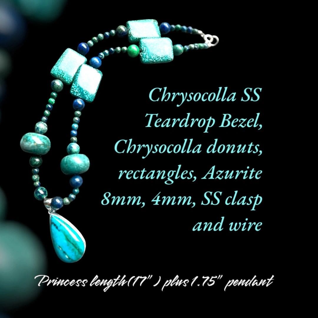 A close up of a necklace with the words chrysocolla ss teardrop bezel, chryscola donuts, rectangles ,