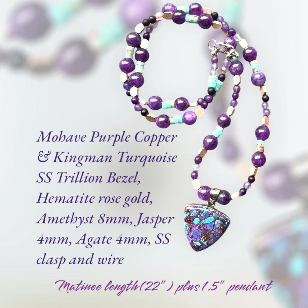 A necklace with purple beads and a heart shaped pendant.