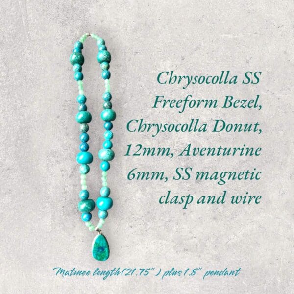 A necklace with turquoise beads and a blue stone.