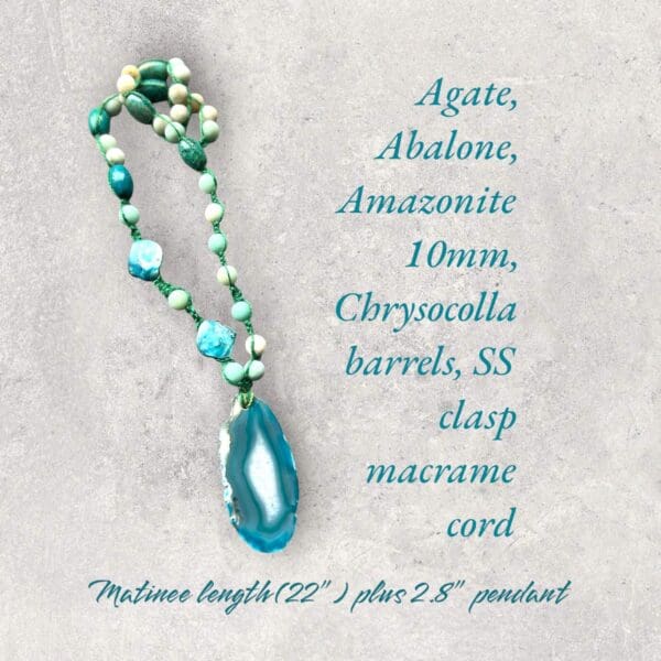 A necklace with an agate, abalone and amazonite bead.