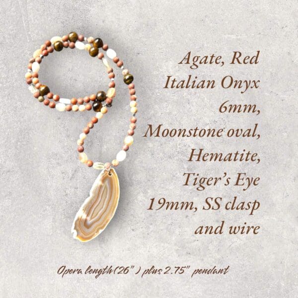 A necklace with an agate, red italian onyx and tiger 's eye beads.