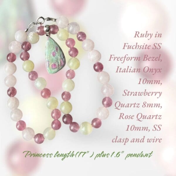 A necklace with pink and green beads on it.