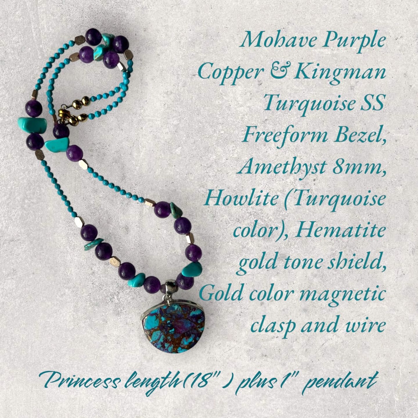 A necklace with a purple bead and turquoise beads.