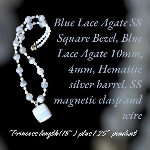 A necklace with a square bead and a blue lace agate.